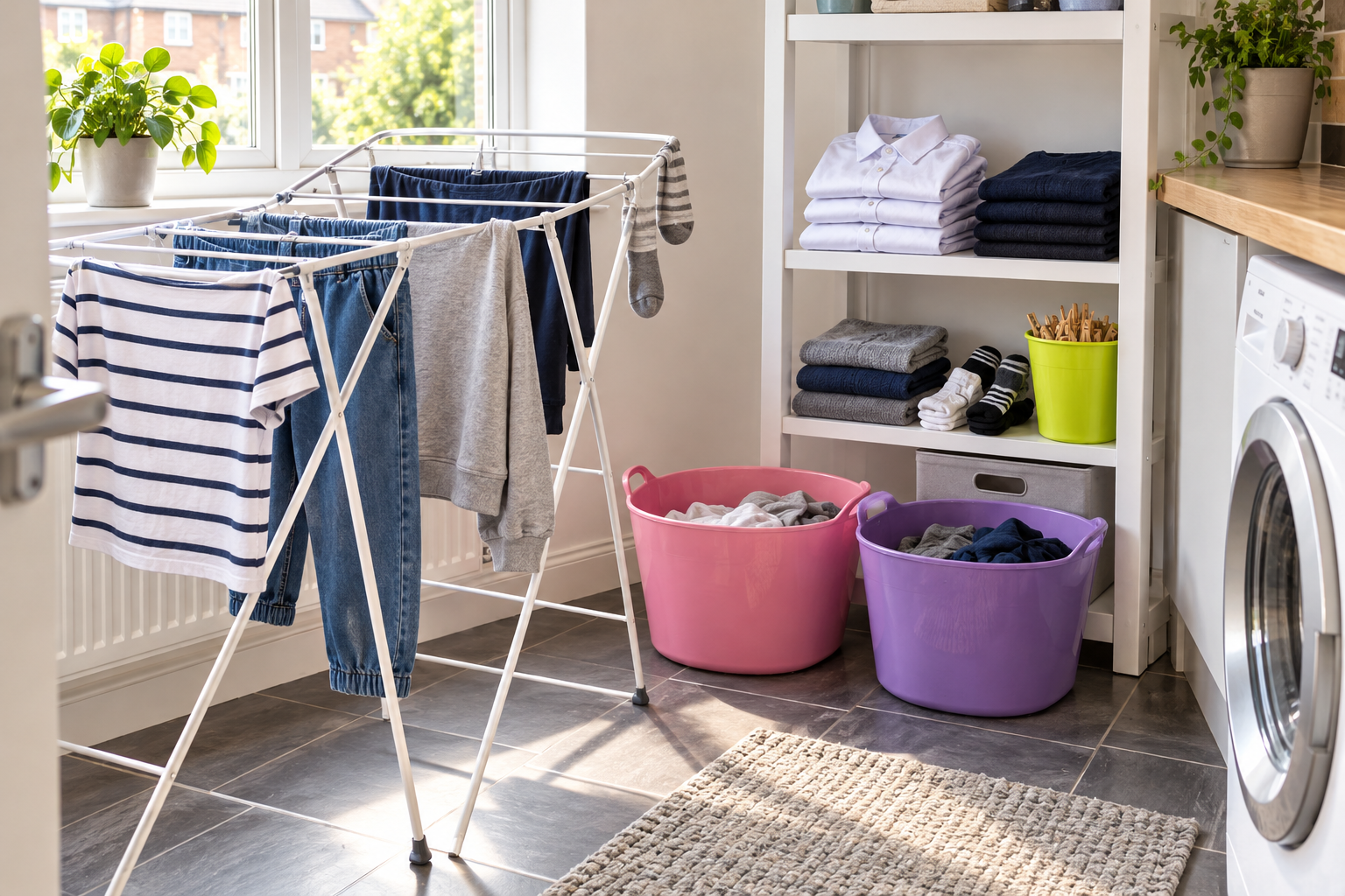 Laundry airer, colourful laundry tubs and folded shirts